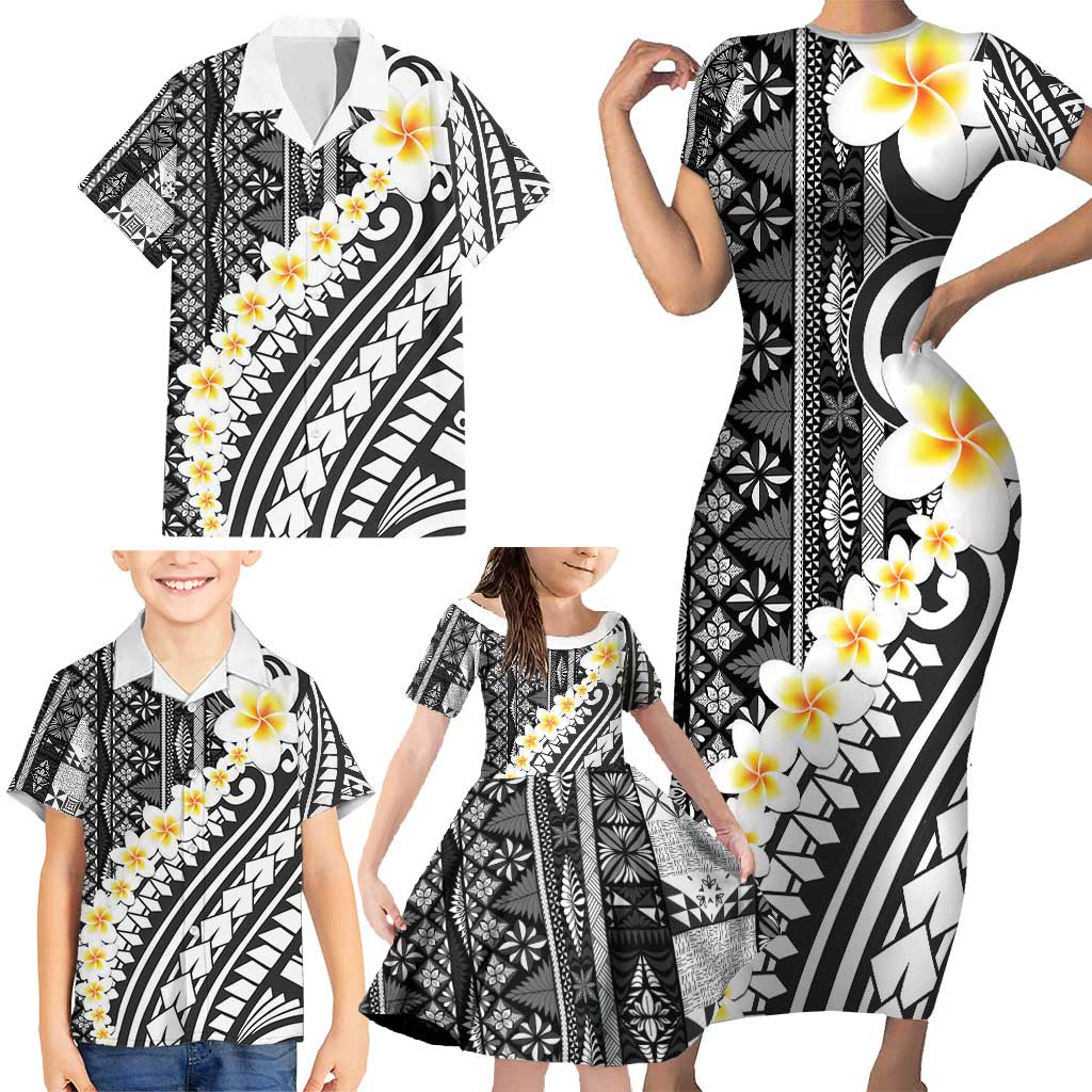 Black Vintage Tonga Ngatu Pattern With Plumeria Family Matching Short Sleeve Bodycon Dress and Hawaiian Shirt LT05 - Polynesian Pride