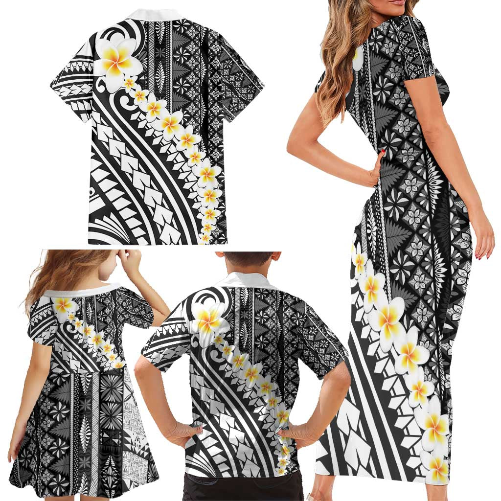 Black Vintage Tonga Ngatu Pattern With Plumeria Family Matching Short Sleeve Bodycon Dress and Hawaiian Shirt LT05 - Polynesian Pride