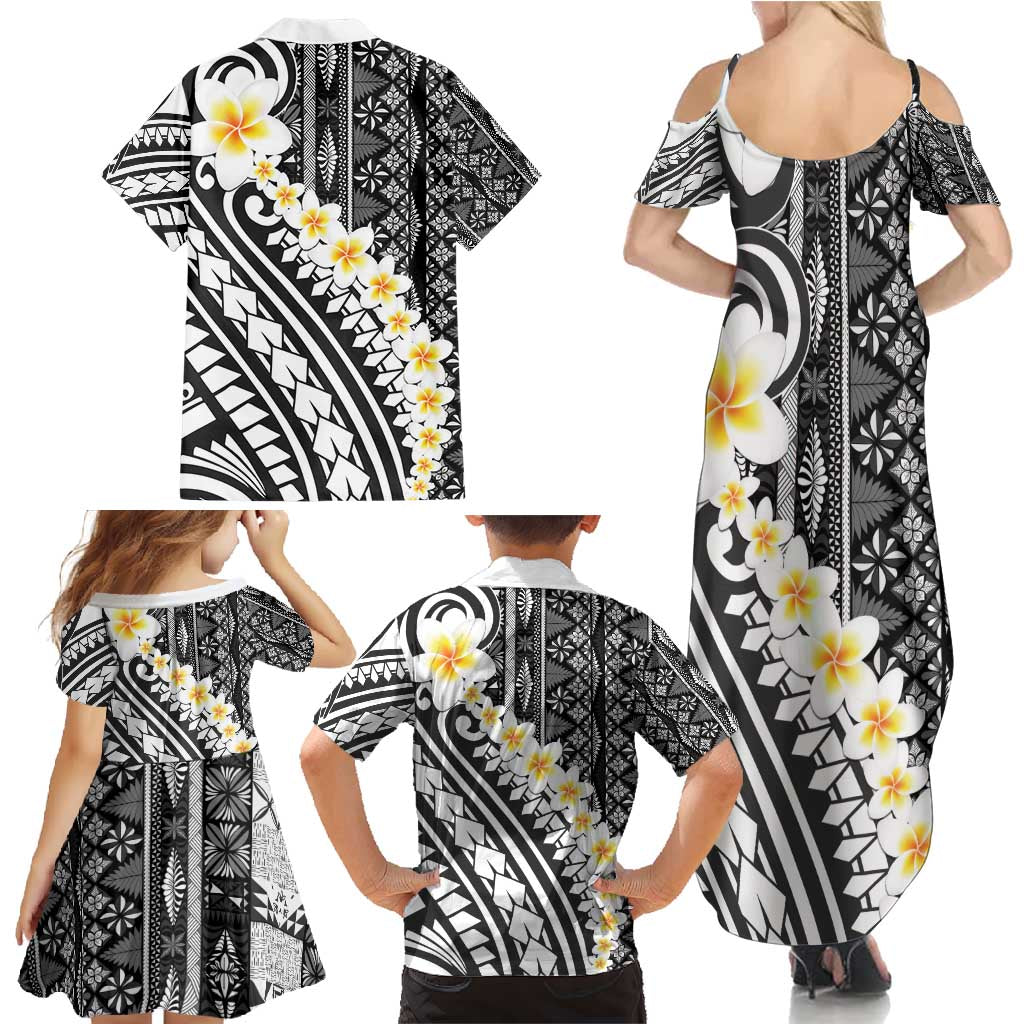 Black Vintage Tonga Ngatu Pattern With Plumeria Family Matching Summer Maxi Dress and Hawaiian Shirt LT05 - Polynesian Pride