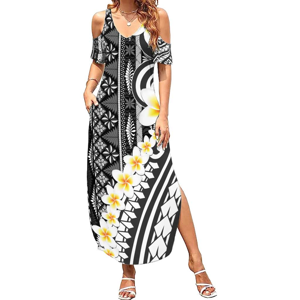Black Vintage Tonga Ngatu Pattern With Plumeria Family Matching Summer Maxi Dress and Hawaiian Shirt LT05 Mom's Dress Black - Polynesian Pride