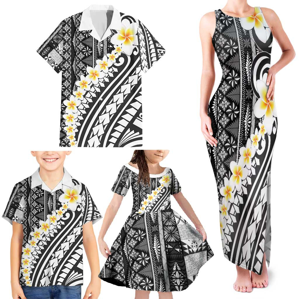 Black Vintage Tonga Ngatu Pattern With Plumeria Family Matching Tank Maxi Dress and Hawaiian Shirt LT05 - Polynesian Pride