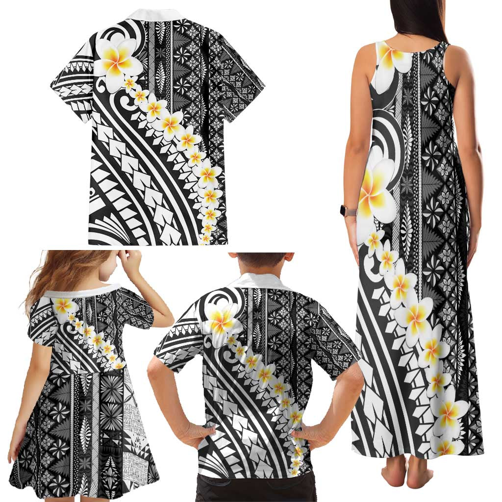 Black Vintage Tonga Ngatu Pattern With Plumeria Family Matching Tank Maxi Dress and Hawaiian Shirt LT05 - Polynesian Pride