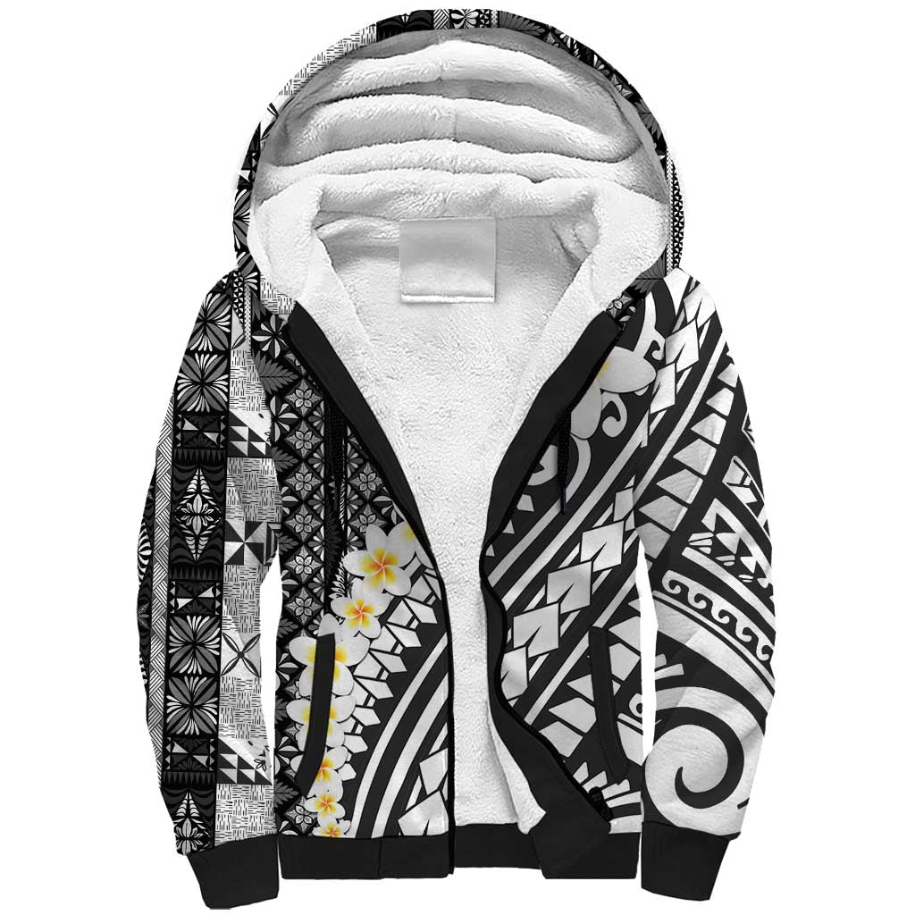 Black Vintage Tonga Ngatu Pattern With Plumeria Sherpa Hoodie LT05 Unisex Black - Polynesian Pride