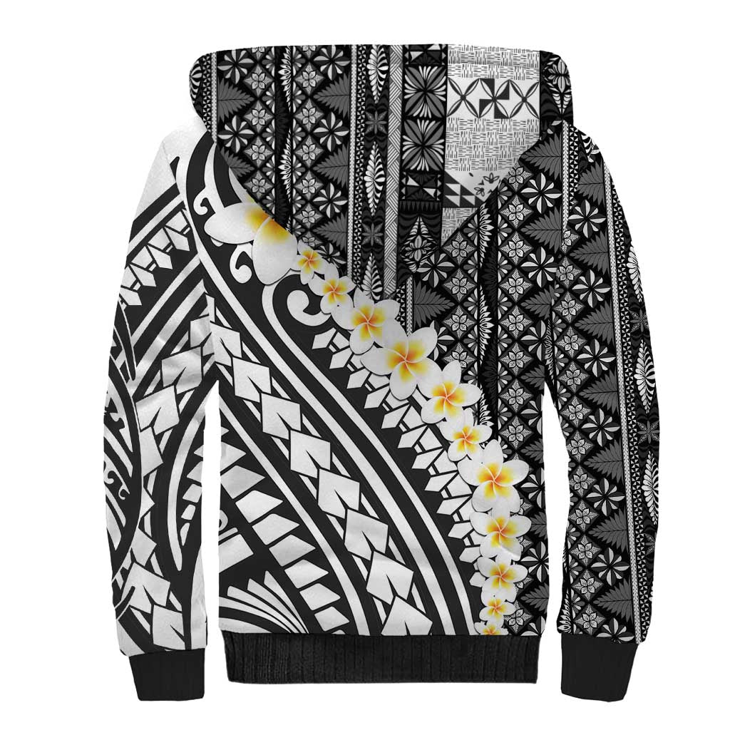 Black Vintage Tonga Ngatu Pattern With Plumeria Sherpa Hoodie LT05 - Polynesian Pride
