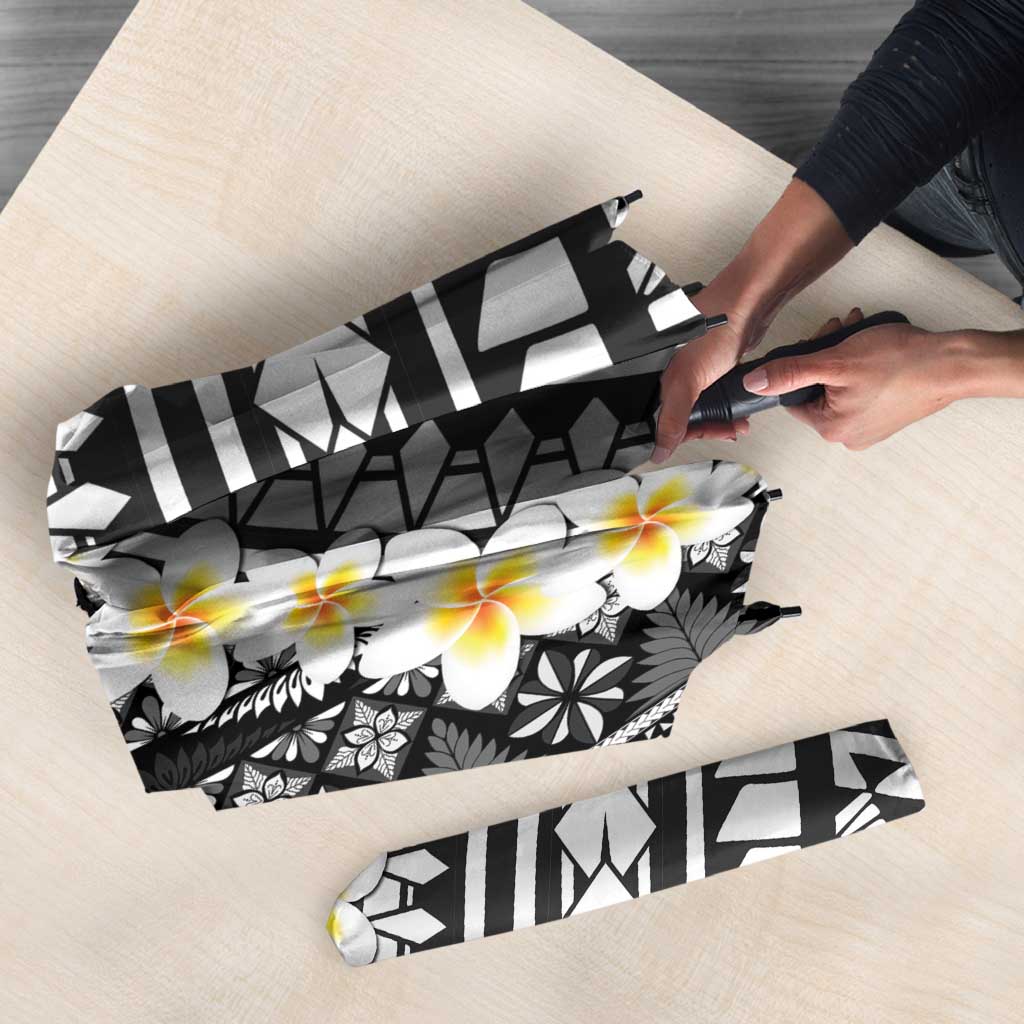 Black Vintage Tonga Ngatu Pattern With Plumeria Umbrella - Polynesian Pride