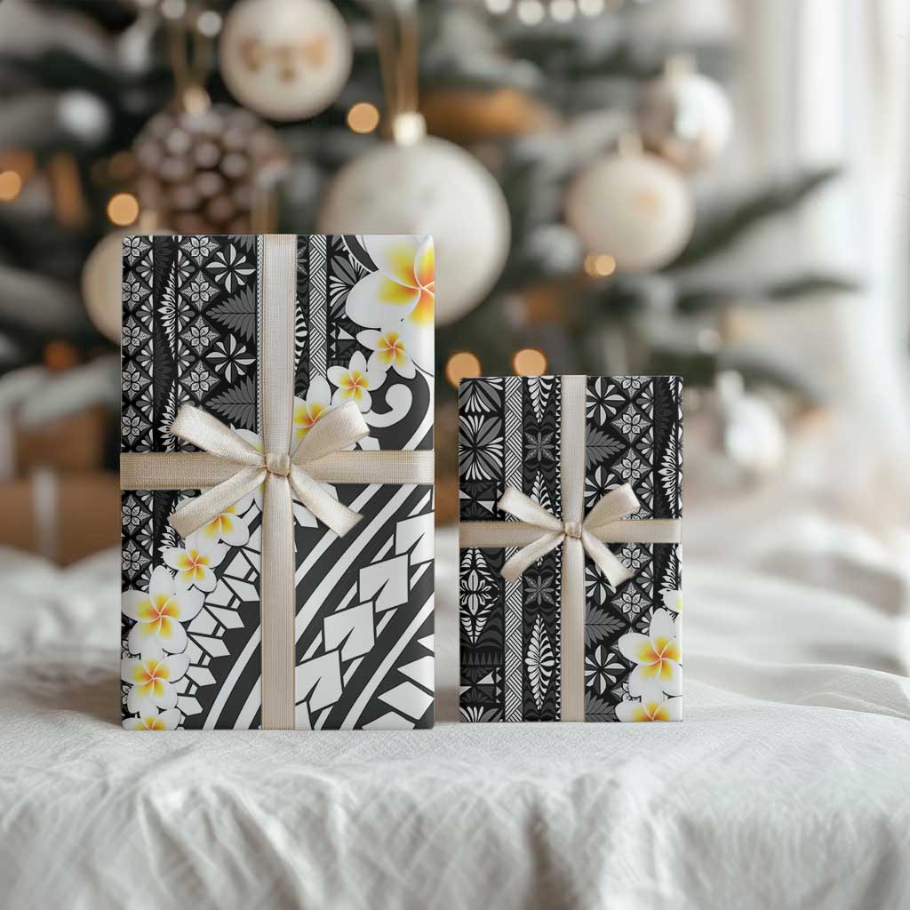 Black Vintage Tonga Ngatu Pattern With Plumeria Wrapping Paper