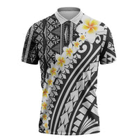 Black Vintage Tonga Ngatu Pattern With Plumeria Zipper Polo Shirt LT05 Black - Polynesian Pride