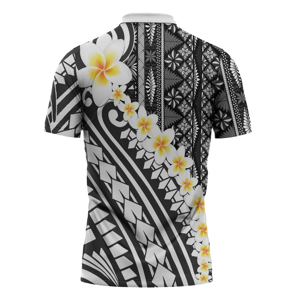 Black Vintage Tonga Ngatu Pattern With Plumeria Zipper Polo Shirt LT05 - Polynesian Pride
