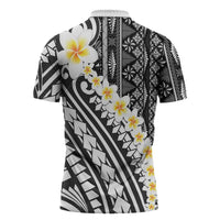Black Vintage Tonga Ngatu Pattern With Plumeria Zipper Polo Shirt LT05 - Polynesian Pride