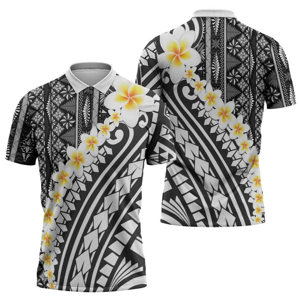 Black Vintage Tonga Ngatu Pattern With Plumeria Zipper Polo Shirt LT05 - Polynesian Pride