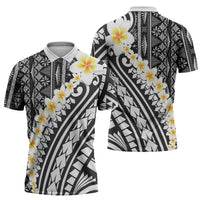 Black Vintage Tonga Ngatu Pattern With Plumeria Zipper Polo Shirt LT05 - Polynesian Pride
