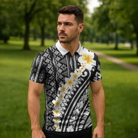 Black Vintage Tonga Ngatu Pattern With Plumeria Zipper Polo Shirt LT05 - Polynesian Pride