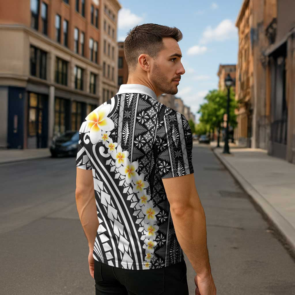 Black Vintage Tonga Ngatu Pattern With Plumeria Zipper Polo Shirt LT05 - Polynesian Pride
