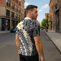 Black Vintage Tonga Ngatu Pattern With Plumeria Zipper Polo Shirt LT05 - Polynesian Pride
