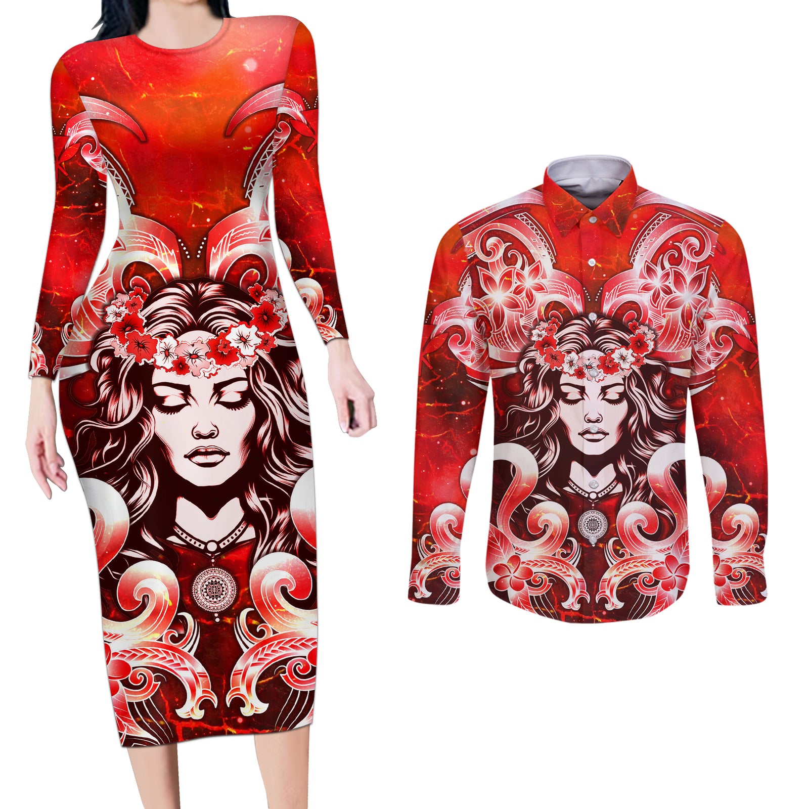 Hawaii Goddess Of Fire Madame Pele Couples Matching Long Sleeve Bodycon Dress and Long Sleeve Button Shirt Polynesian Style LT05 Red - Polynesian Pride