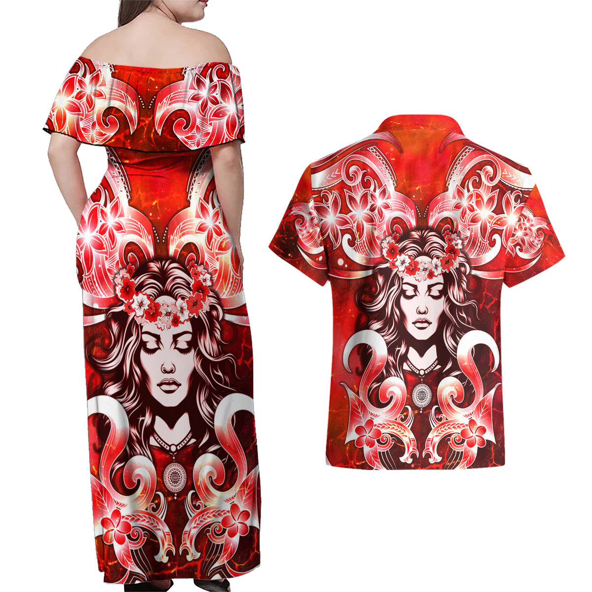 Hawaii Goddess Of Fire Madame Pele Couples Matching Off Shoulder Maxi Dress and Hawaiian Shirt Polynesian Style LT05 - Polynesian Pride