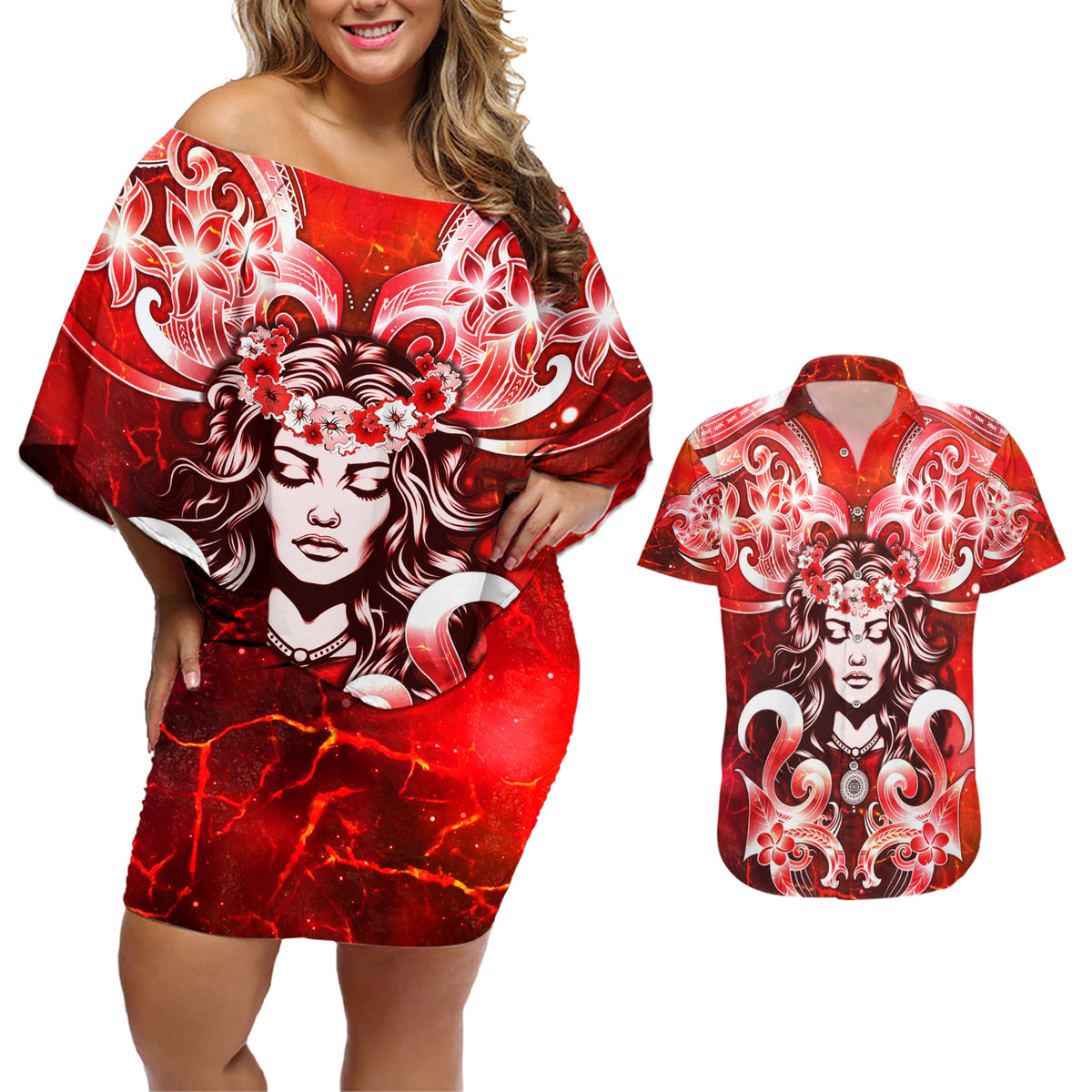 Hawaii Goddess Of Fire Madame Pele Couples Matching Off Shoulder Short Dress and Hawaiian Shirt Polynesian Style LT05 Red - Polynesian Pride