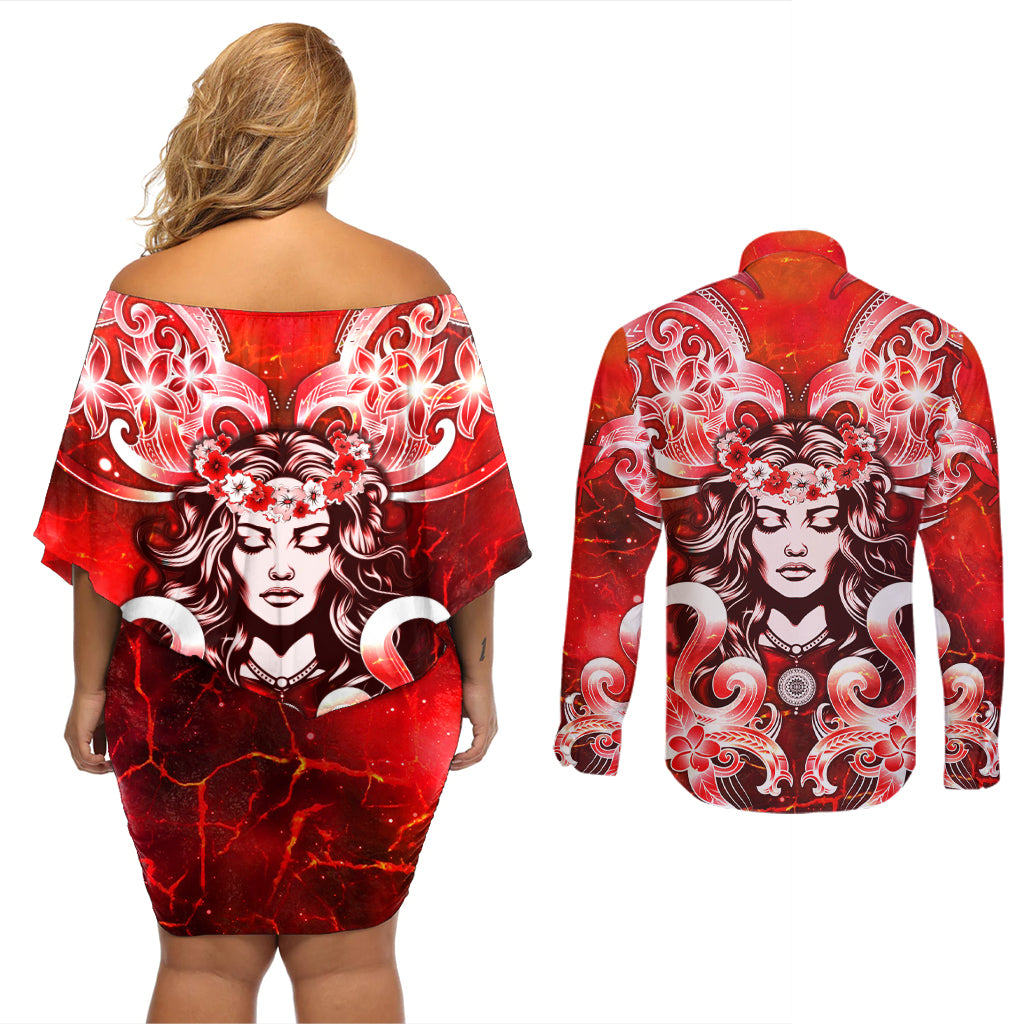 Hawaii Goddess Of Fire Madame Pele Couples Matching Off Shoulder Short Dress and Long Sleeve Button Shirt Polynesian Style LT05 - Polynesian Pride