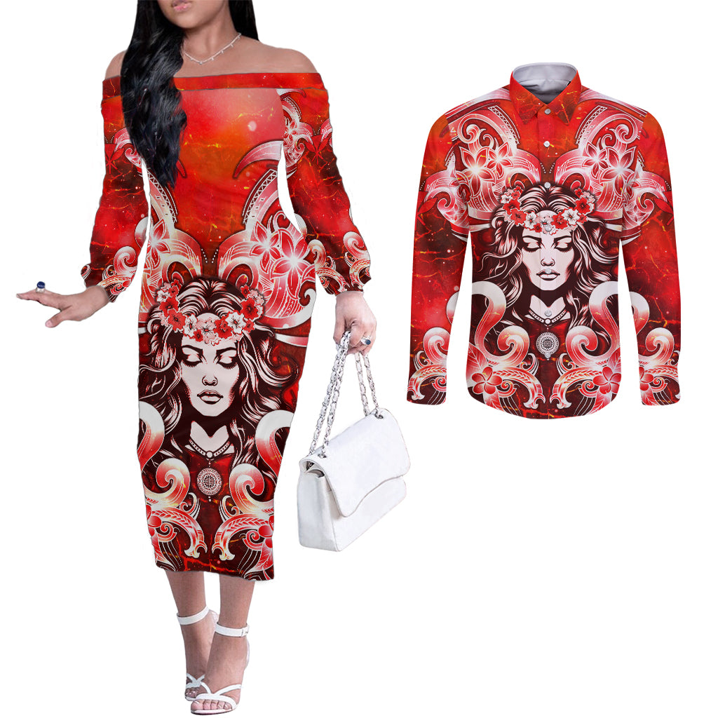 Hawaii Goddess Of Fire Madame Pele Couples Matching Off The Shoulder Long Sleeve Dress and Long Sleeve Button Shirt Polynesian Style LT05 Red - Polynesian Pride