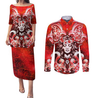 Hawaii Goddess Of Fire Madame Pele Couples Matching Puletasi and Long Sleeve Button Shirt Polynesian Style LT05 Red - Polynesian Pride