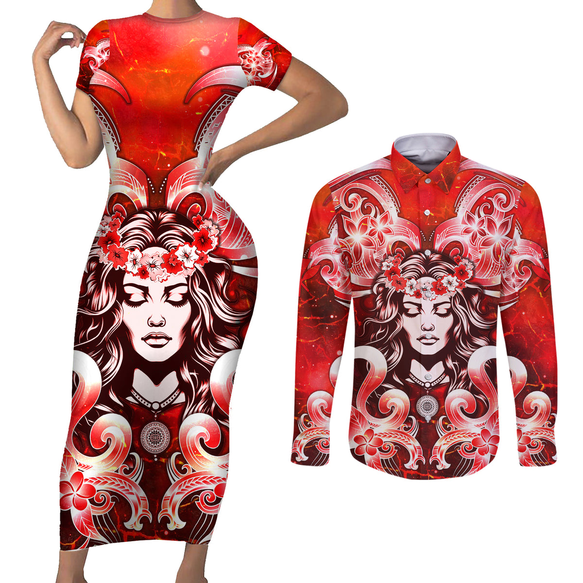 Hawaii Goddess Of Fire Madame Pele Couples Matching Short Sleeve Bodycon Dress and Long Sleeve Button Shirt Polynesian Style LT05 Red - Polynesian Pride