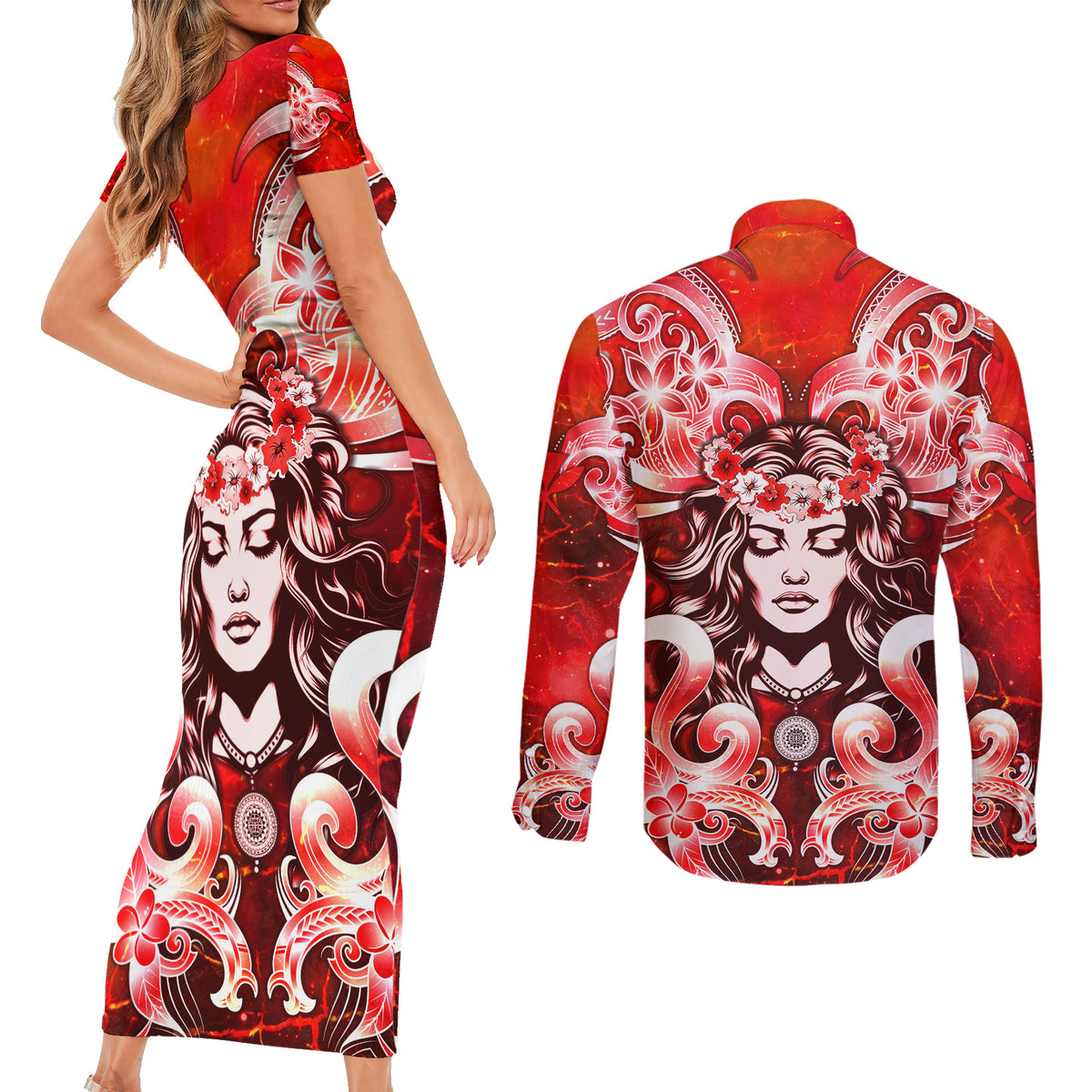 Hawaii Goddess Of Fire Madame Pele Couples Matching Short Sleeve Bodycon Dress and Long Sleeve Button Shirt Polynesian Style LT05 - Polynesian Pride