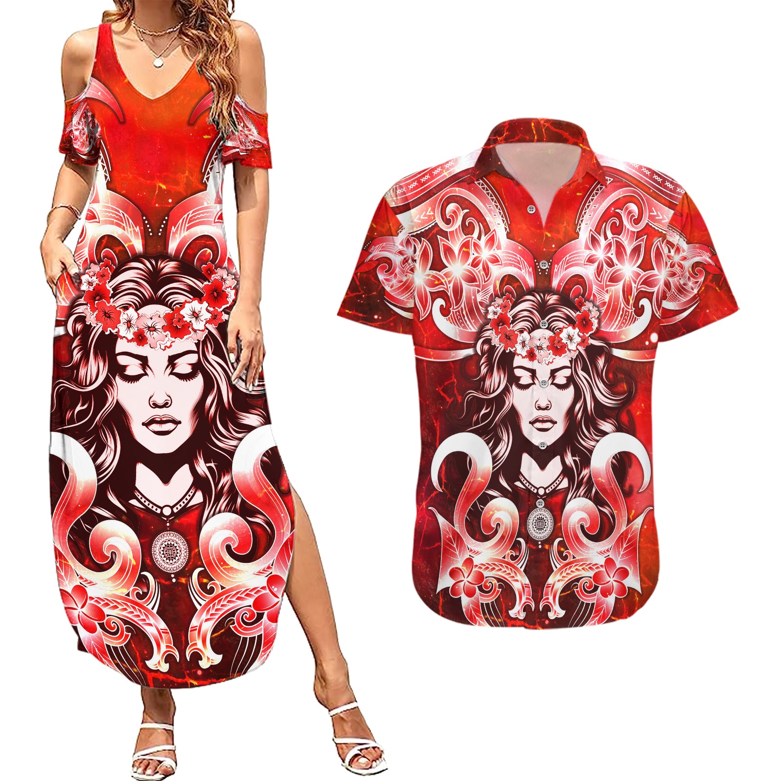 Hawaii Goddess Of Fire Madame Pele Couples Matching Summer Maxi Dress and Hawaiian Shirt Polynesian Style LT05 Red - Polynesian Pride