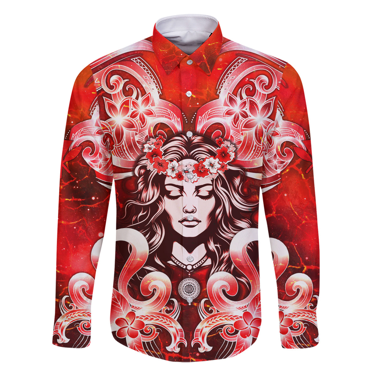 Hawaii Goddess Of Fire Madame Pele Family Matching Long Sleeve Bodycon Dress and Hawaiian Shirt Polynesian Style LT05 Dad's Shirt - Long Sleeve Red - Polynesian Pride