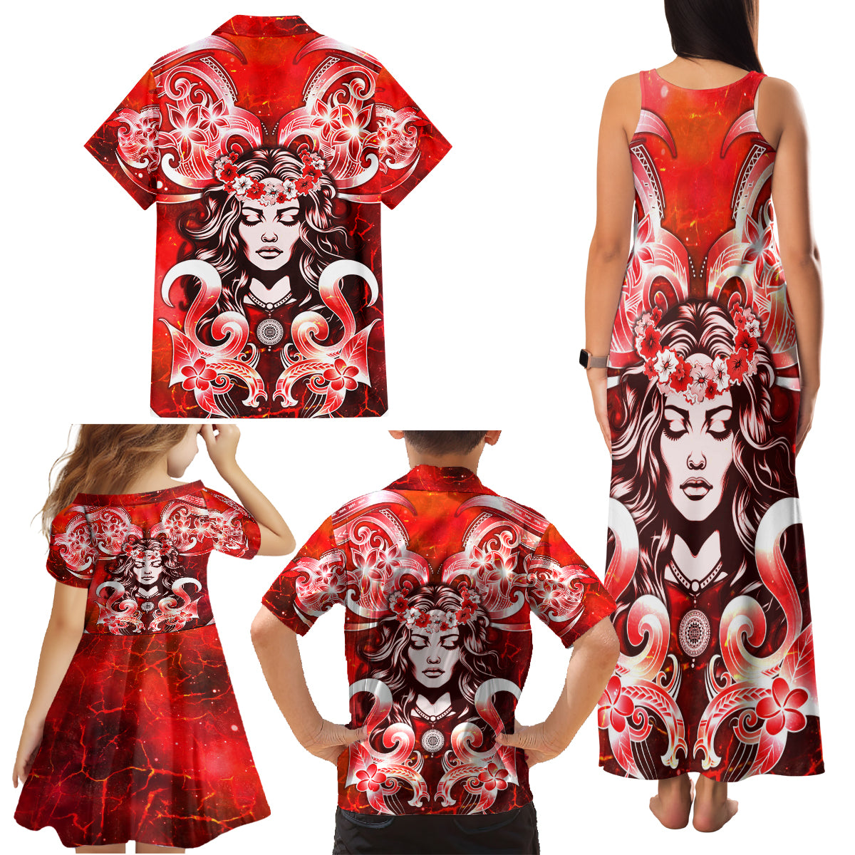 Hawaii Goddess Of Fire Madame Pele Family Matching Tank Maxi Dress and Hawaiian Shirt Polynesian Style LT05 - Polynesian Pride