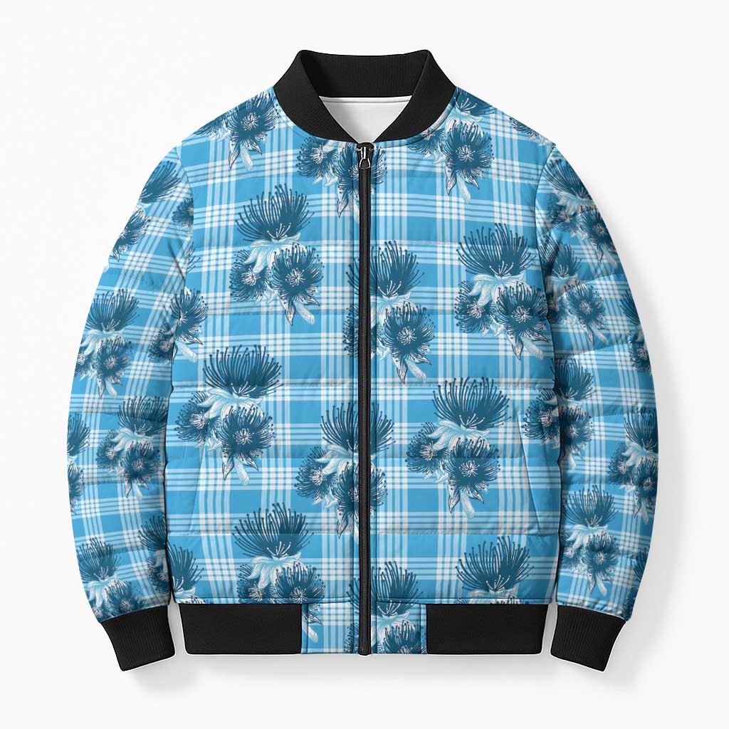 Blue Palaka Hawaii Bomber Puffer Jacket Hawaiian Lehua Blossoms
