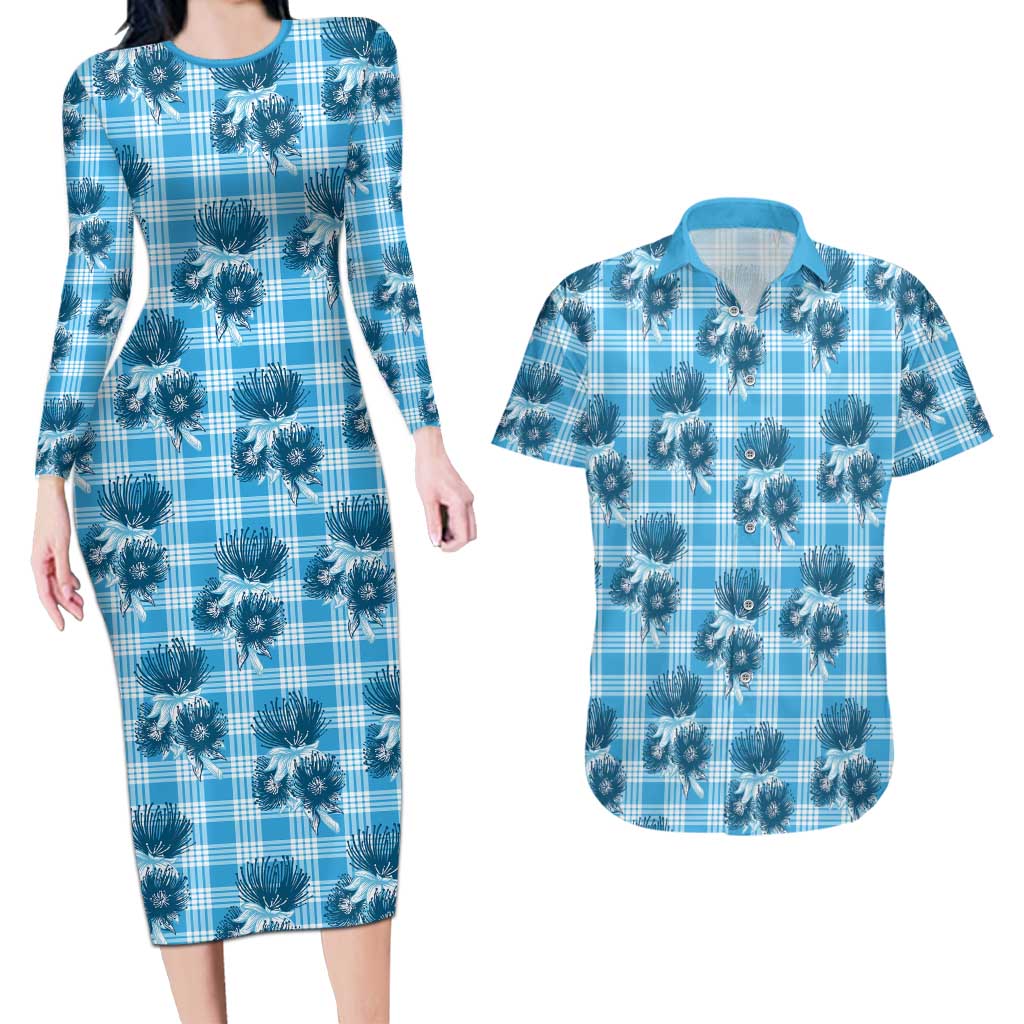 Blue Palaka Hawaii Couples Matching Long Sleeve Bodycon Dress and Hawaiian Shirt Hawaiian Lehua Blossoms LT05 Blue - Polynesian Pride