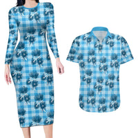 Blue Palaka Hawaii Couples Matching Long Sleeve Bodycon Dress and Hawaiian Shirt Hawaiian Lehua Blossoms LT05 Blue - Polynesian Pride