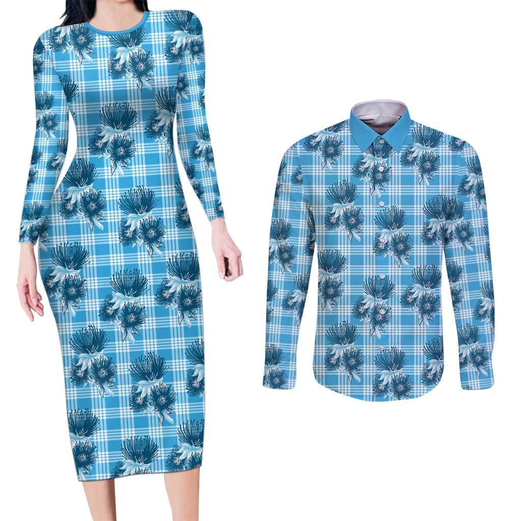 Blue Palaka Hawaii Couples Matching Long Sleeve Bodycon Dress and Long Sleeve Button Shirt Hawaiian Lehua Blossoms LT05 Blue - Polynesian Pride