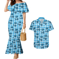 Blue Palaka Hawaii Couples Matching Mermaid Dress and Hawaiian Shirt Hawaiian Lehua Blossoms LT05 Blue - Polynesian Pride