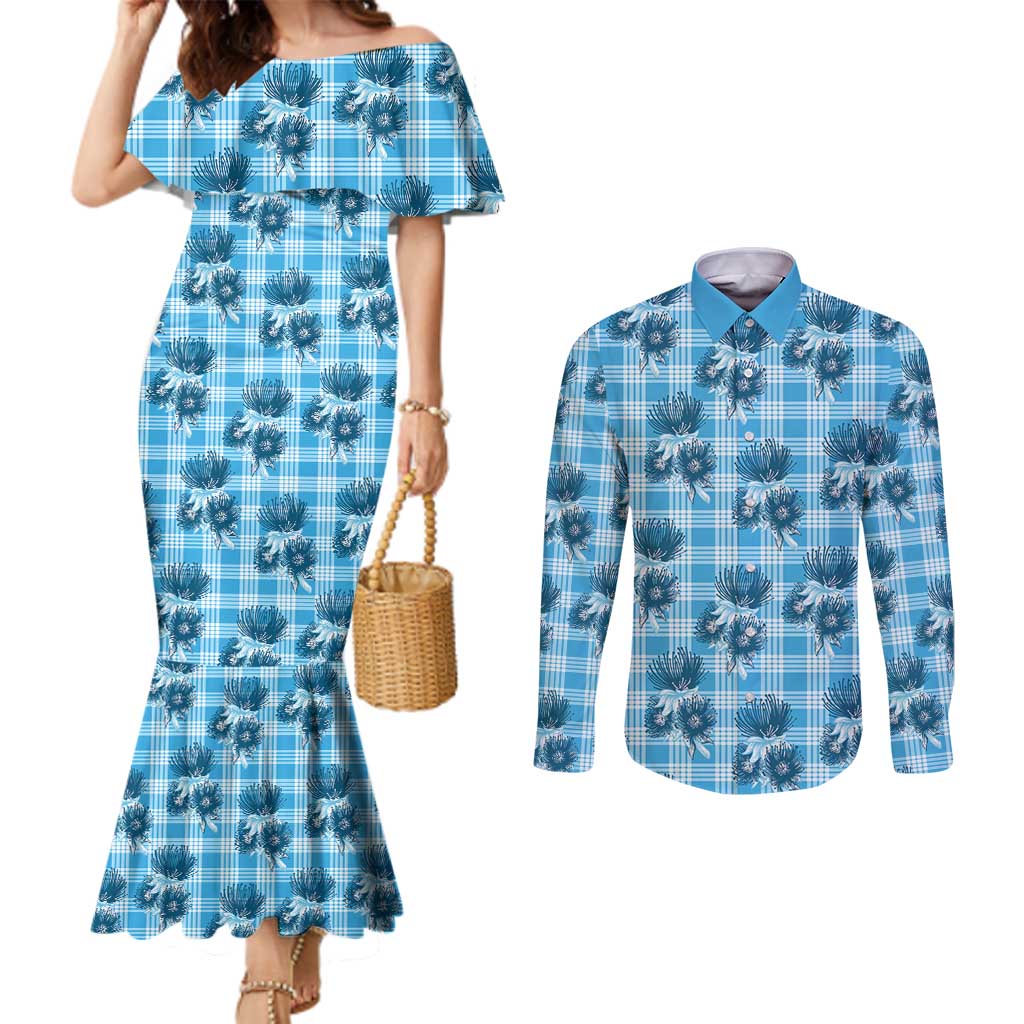 Blue Palaka Hawaii Couples Matching Mermaid Dress and Long Sleeve Button Shirt Hawaiian Lehua Blossoms LT05 Blue - Polynesian Pride