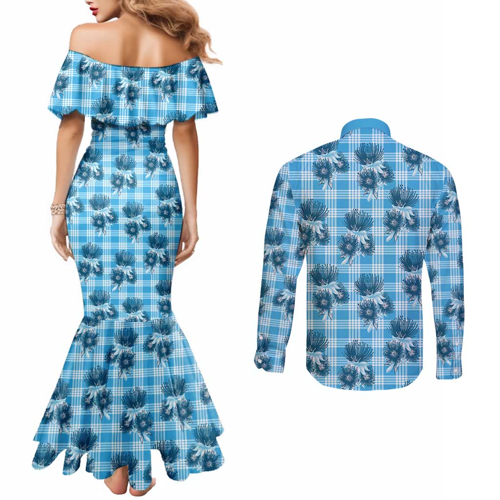 Blue Palaka Hawaii Couples Matching Mermaid Dress and Long Sleeve Button Shirt Hawaiian Lehua Blossoms LT05 - Polynesian Pride