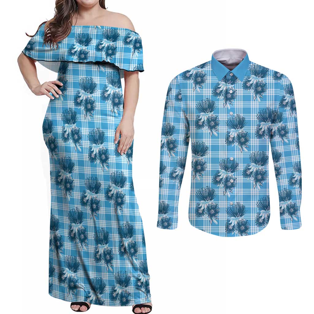 Blue Palaka Hawaii Couples Matching Off Shoulder Maxi Dress and Long Sleeve Button Shirt Hawaiian Lehua Blossoms LT05 Blue - Polynesian Pride
