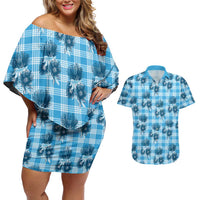 Blue Palaka Hawaii Couples Matching Off Shoulder Short Dress and Hawaiian Shirt Hawaiian Lehua Blossoms LT05 Blue - Polynesian Pride