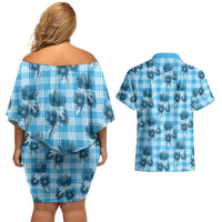 Blue Palaka Hawaii Couples Matching Off Shoulder Short Dress and Hawaiian Shirt Hawaiian Lehua Blossoms LT05 - Polynesian Pride