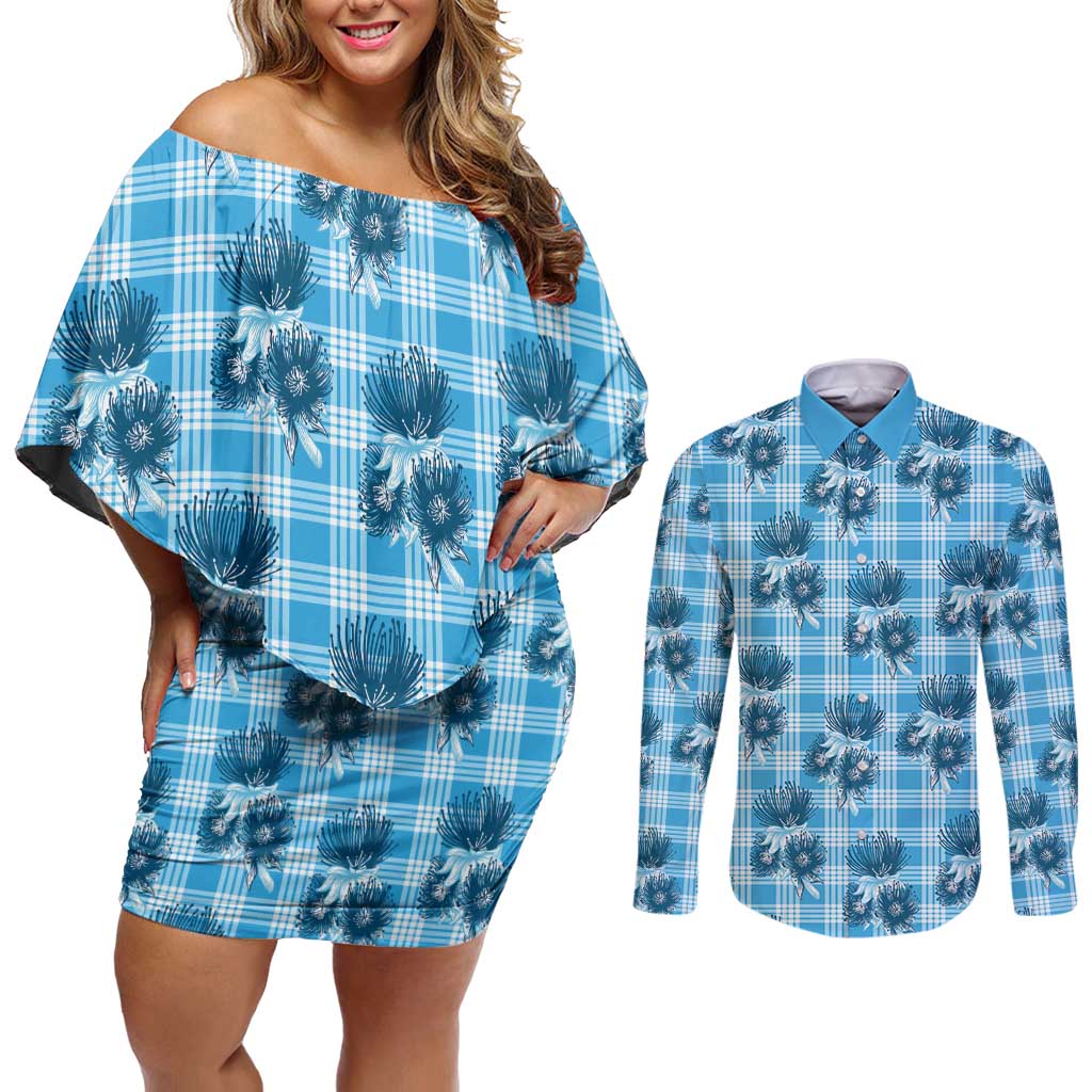 Blue Palaka Hawaii Couples Matching Off Shoulder Short Dress and Long Sleeve Button Shirt Hawaiian Lehua Blossoms LT05 Blue - Polynesian Pride