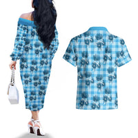 Blue Palaka Hawaii Couples Matching Off The Shoulder Long Sleeve Dress and Hawaiian Shirt Hawaiian Lehua Blossoms LT05 - Polynesian Pride