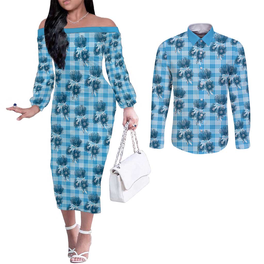 Blue Palaka Hawaii Couples Matching Off The Shoulder Long Sleeve Dress and Long Sleeve Button Shirt Hawaiian Lehua Blossoms LT05 Blue - Polynesian Pride