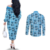 Blue Palaka Hawaii Couples Matching Off The Shoulder Long Sleeve Dress and Long Sleeve Button Shirt Hawaiian Lehua Blossoms LT05 - Polynesian Pride