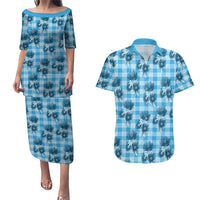 Blue Palaka Hawaii Couples Matching Puletasi and Hawaiian Shirt Hawaiian Lehua Blossoms