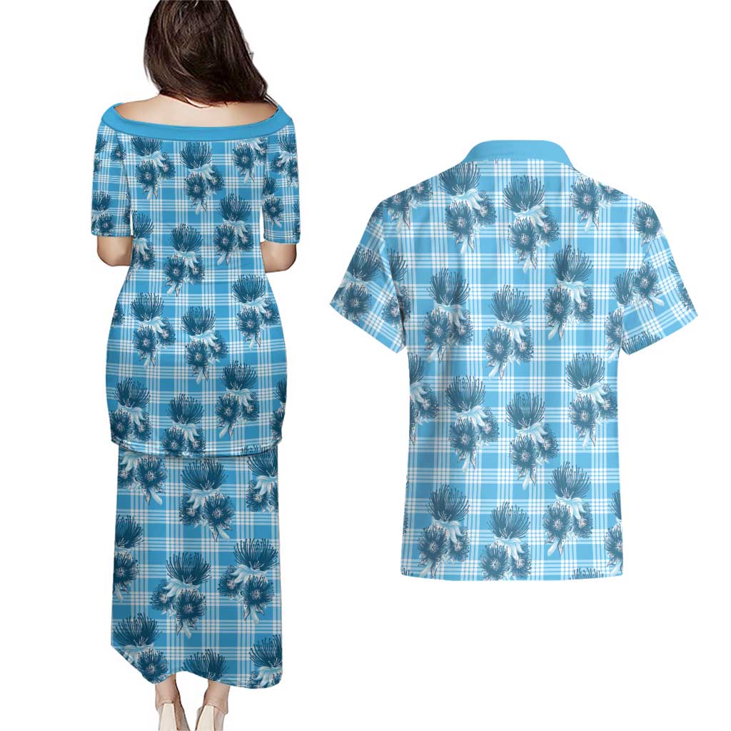 Blue Palaka Hawaii Couples Matching Puletasi and Hawaiian Shirt Hawaiian Lehua Blossoms