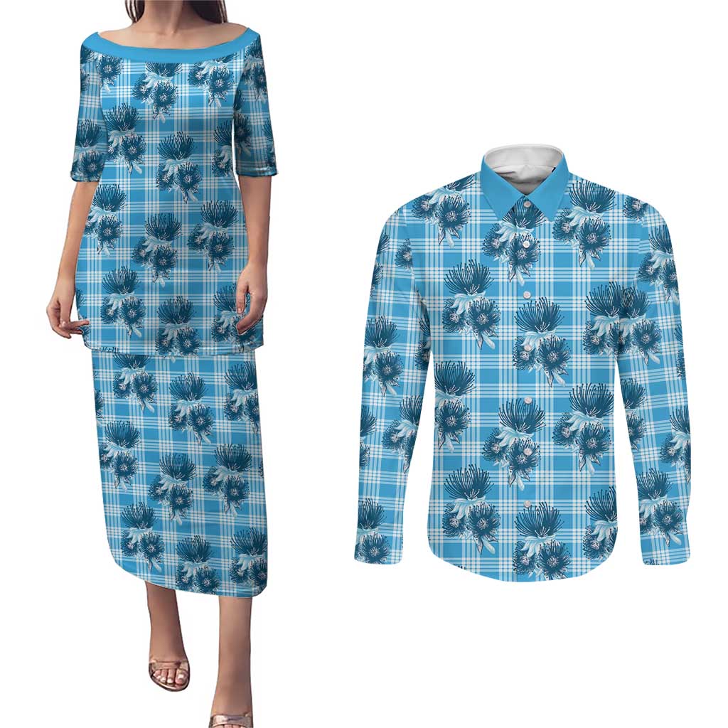 Blue Palaka Hawaii Couples Matching Puletasi and Long Sleeve Button Shirt Hawaiian Lehua Blossoms LT05 Blue - Polynesian Pride