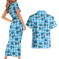 Blue Palaka Hawaii Couples Matching Short Sleeve Bodycon Dress and Hawaiian Shirt Hawaiian Lehua Blossoms LT05 - Polynesian Pride