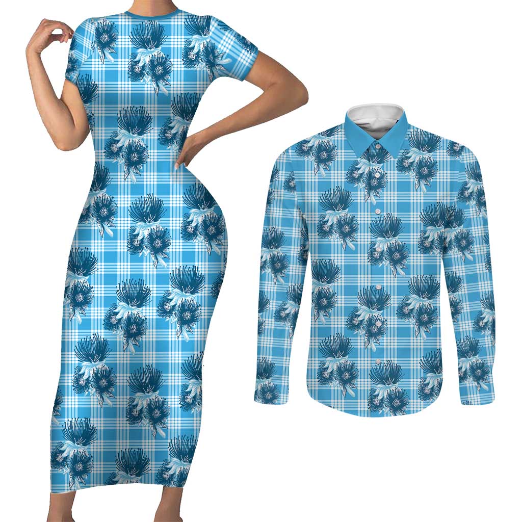 Blue Palaka Hawaii Couples Matching Short Sleeve Bodycon Dress and Long Sleeve Button Shirt Hawaiian Lehua Blossoms LT05 Blue - Polynesian Pride