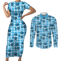 Blue Palaka Hawaii Couples Matching Short Sleeve Bodycon Dress and Long Sleeve Button Shirt Hawaiian Lehua Blossoms LT05 Blue - Polynesian Pride