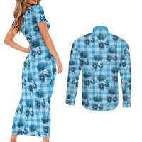 Blue Palaka Hawaii Couples Matching Short Sleeve Bodycon Dress and Long Sleeve Button Shirt Hawaiian Lehua Blossoms LT05 - Polynesian Pride